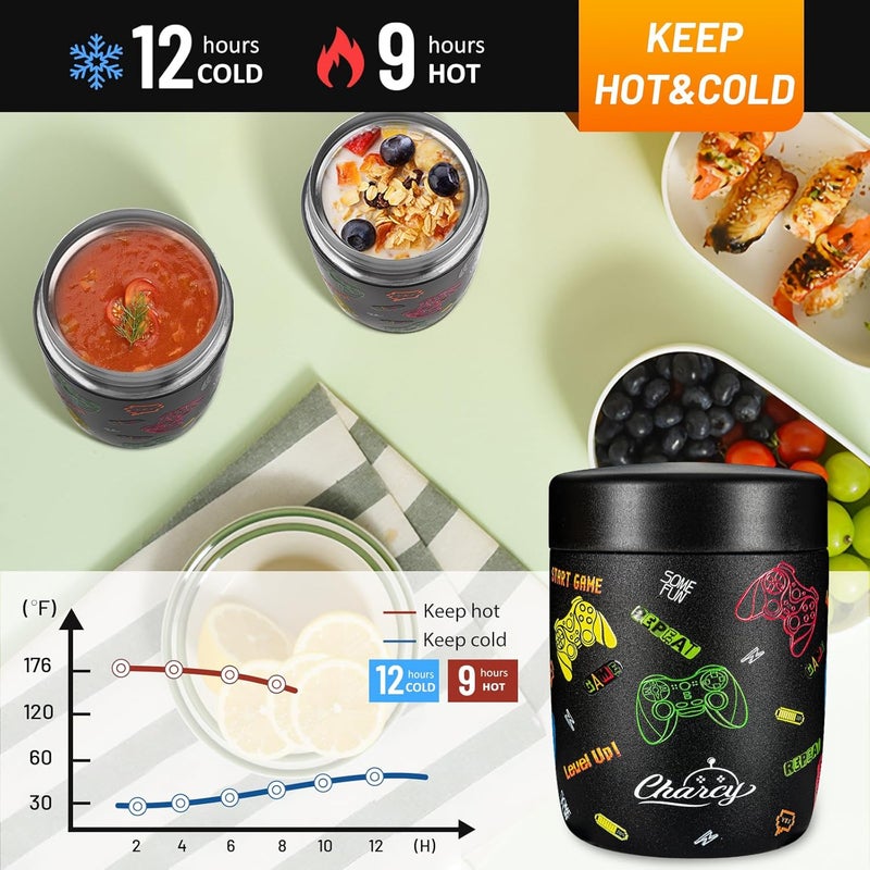 Charcy 9oz Stainless Steel Vacuum Insulated Kids Food Jar - Soup Thermo for Hot & Cold Food - Grey Video Game - Image 4